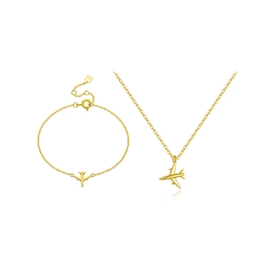 Minimalist gold S925 sterling silver airplane pendant necklace and bracelet jewelry set
