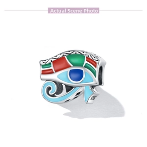 Detailed macro of S925 sterling silver Eye of Horus charm with colorful enamel inlay