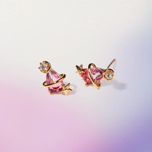 Pink teardrop zircon moon and star earrings in gold with planetary orbital design
