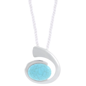 Detail of silver necklace with abstract curved pendant and turquoise on white woven cord
