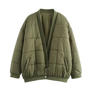 Steppjacke Damen V-Ausschnitt Langarm Leicht Gesteppt Vintage Ethnisch Quadratisches Muster Armygrün Oberbekleidung