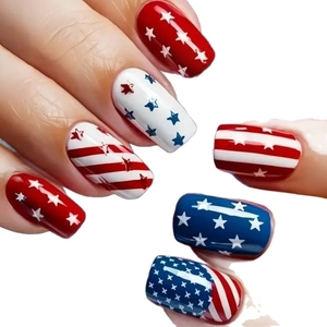 Patriotic press-on nails featuring red and blue stripes with white stars design