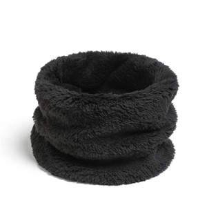 Close-up of black coral fleece neck warmer showing soft plush texture on white background