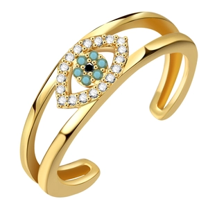 Double-layer gold plated evil eye open ring with cubic zirconia and blue stones