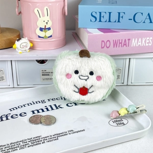 Cute plush apple coin purse with green fur and animal embroidery for small storage