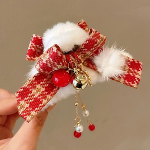 Elegant red plaid bow hair clip with white plush ball and hanging bead tassels