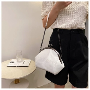 Close-up of a white vintage kiss-lock shoulder bag with metal chain strap and PU handle