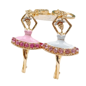 Golden ballet girl keychains with rhinestones and faux pearls in pink and white