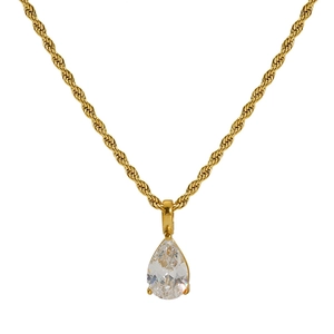 18K gold plated rope chain necklace featuring a sparkling pear-shaped water drop pendant