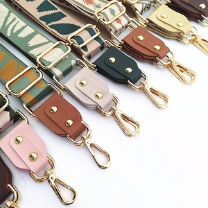 Ethnic style jacquard adjustable wide shoulder straps with leather ends and gold hooks