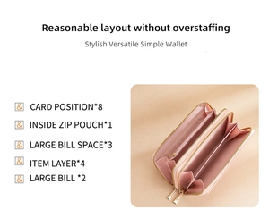 Detailed interior of long pink wallet showing card slots and zipper pocket compartments