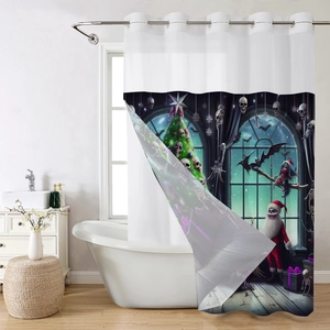 Modern gothic Christmas shower curtain featuring skull characters in a white bathroom