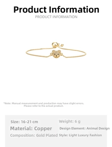 Detail view of gold-plated bear bracelet showing copper material and 16-21cm size