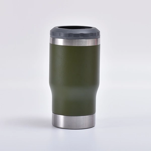Close-up of olive green and silver stainless steel cooler can with speaker base