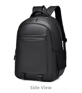 Side view showing the matte black waterproof fabric and thick handle of this business backpack