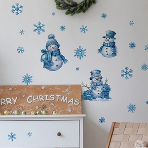 Stickers muraux bonhomme de neige bleu avec flocons pour décoration festive du salon