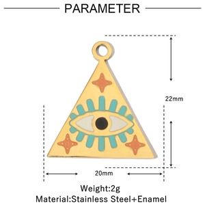 Detail of 22mm evil eye triangle charm made of gold stainless steel and enamel