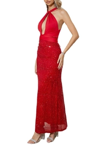 Elegant red sequin halter maxi dress with deep V-neck and slim fit for evening parties