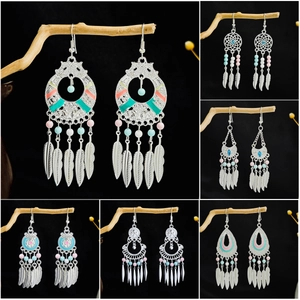 Bohemian Ethnic Tassel Drop Earrings Zinc Alloy Colorful Beads Feather Dangle Retro Vintage Jewelry With Earring Post