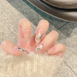 Handmade Press On Nails 3D Butterfly Cat Eye Effect Blush Pink With Artificial Pearls Rhinestones Oval Long Artificial Nails