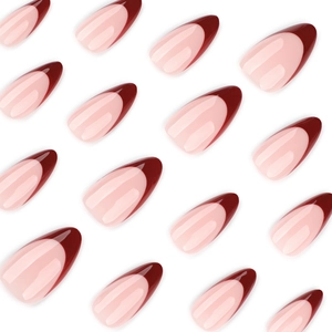 Elegant almond-shaped French press-on nails in burgundy and nude pink color palette