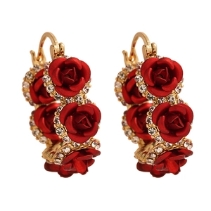 Vintage gold plated U-shaped earrings with red painted roses and sparkling rhinestones