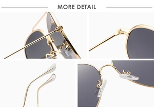 Detailed views of gold metal frame sunglasses with grey lenses and silicone nose pads