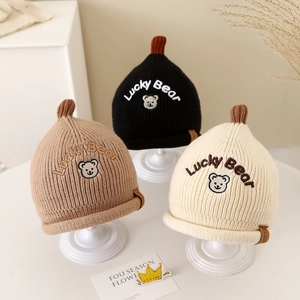 Baby Knit Beanie Hat Lucky Bear Embroidery Thickened Winter Warm Ribbed Acrylic Cap For Infants Toddlers