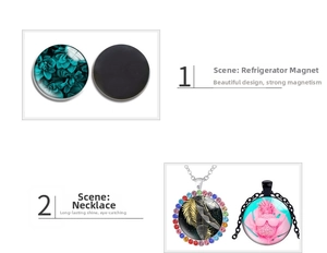 Detailed view of luminous round glass cabochons used for magnets and pendant necklaces