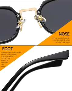 Detailed view of ergonomic nose pads and sturdy temples on square frame sunglasses
