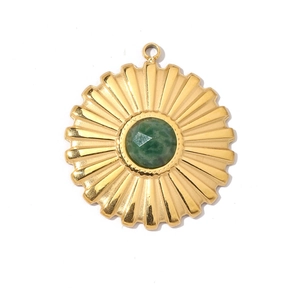 Close-up of a gold-plated flower heart pendant with a round green natural stone inlay