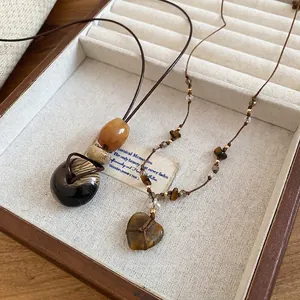 Collana Con Ciondolo A Cuore In Pietra Occhio Di Tigre Vintage Bohemien Etnico Corda Intrecciata Catena Lunga Da Donna