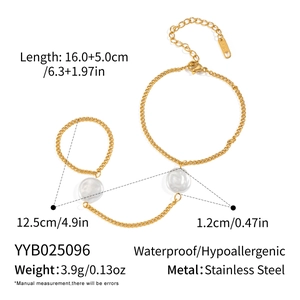 Detailed view showing dimensions of 18K gold plated stainless steel pearl finger chain