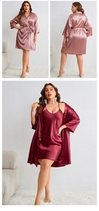 Detail of silk satin nightgown and matching robe set with V-neck and lace-up design