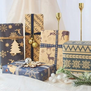 Festive Christmas kraft wrapping paper with gold snowflakes and reindeer prints