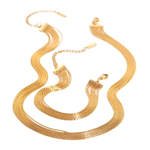 Gold layered flat snake chain set including necklace and bracelet in stainless steel