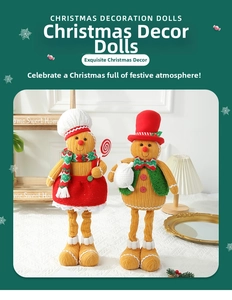 Detail of Christmas gingerbread doll set featuring festive knitted outfits and accessories