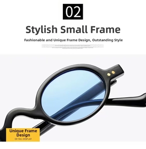 Detail view of steampunk round sunglasses with black frame and blue lenses