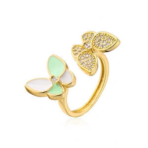 Detail of 18K gold-plated butterfly open ring with zircon inlay and enamel finish