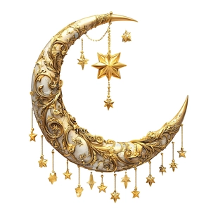 Golden crescent moon wall decor with baroque floral carvings and hanging stars