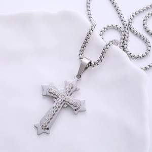 Silver stainless steel triple layered cross pendant necklace with cubic zirconia stones