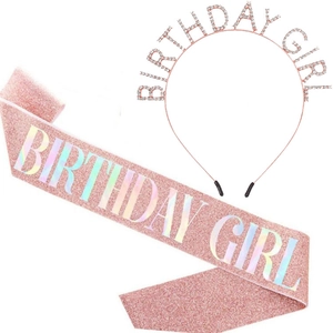 Birthday Girl Sash And Rhinestone Headband Set Glitter Sash Crystal Tiara Crown For Girls Women Birthday Party Decorations