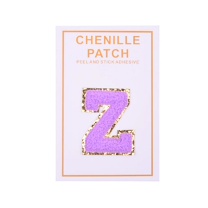 Detail of purple chenille letter Z patch with gold glitter edge and adhesive backing