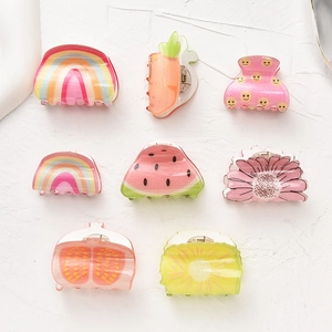 Cute fruit and rainbow mini acrylic hair claws for kids with colorful cartoon patterns