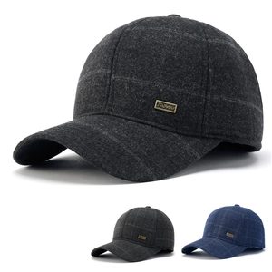 Winter wool blend baseball cap for men with ear flaps and plaid pattern in dark grey