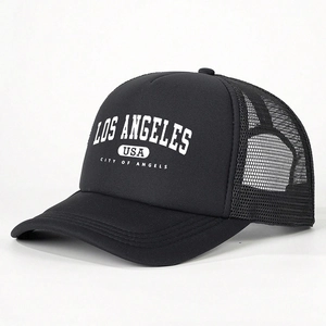 Classic black Los Angeles USA trucker hat with white printed text and breathable mesh back