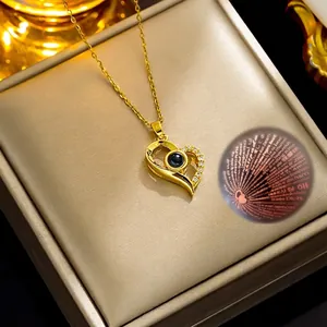 Golden heart projection necklace with 100 languages I love you in a luxury gift box