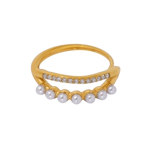 Bague multicouche en acier plaqué or 18 carats avec perle blanche et zircons 5A