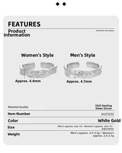 Detailed chart showing S925 sterling silver couple ring dimensions and material specs