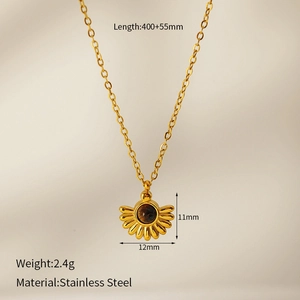 Detailed macro view showing sunflower natural stone pendant size 12x11mm on gold chain